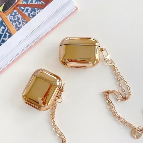Electroplate Gold Solid With Hang Neck Chain Fashion Cases For Iphone Earphone 1 2 Wireless Airpods PRO