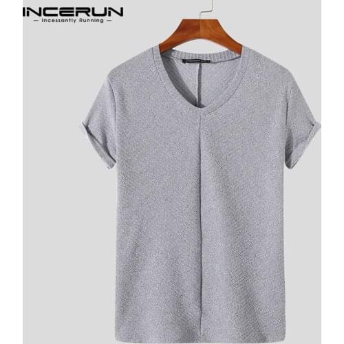 2021 Fashion Men T Shirt Solid Color Knitted Fitness V Neck Short Sleeve Tee Tops Streetwear Casual Camisetas Hombre 5XL INCERUN