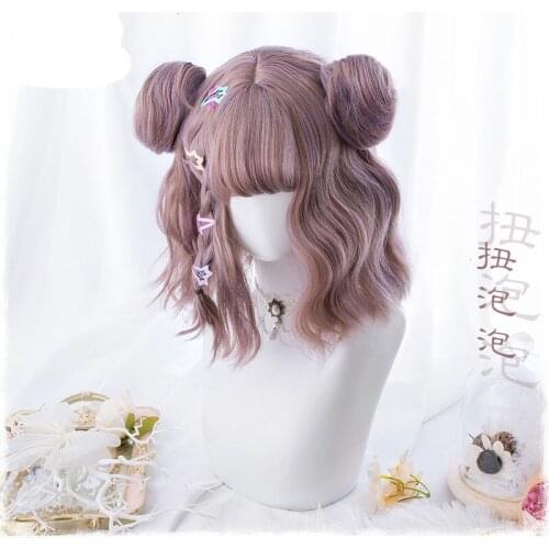 New Harajuku Kawaii Lolita Daily Gothic Short Curly Hair Cosplay Costume Wig For Womens Halloween Party With Buns+ Wig Cap