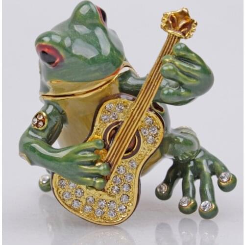 Pewter Frog Playing Guitar Trinket Jewelry Box Antique Finish - Shiny Tone Gift Box