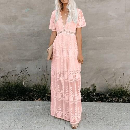 Summer Boho Maxi Dress Women Sexy V-Neck Loose Embroidery White Lace Long Tunic Beach Dresses Vacation Holiday Clothes Vestidos