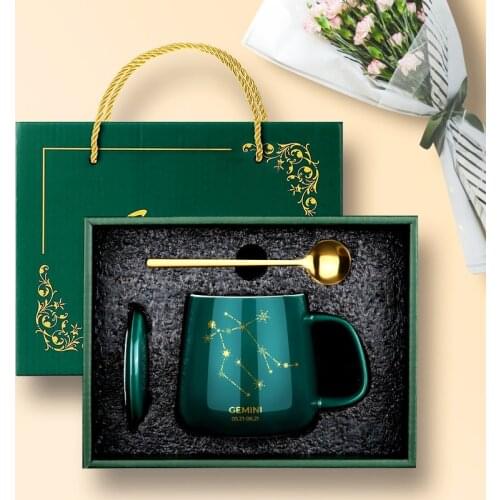 Gift Box 12 Constellations Creative Ceramic Mugs with Spoon Lid Black and Porcelain Zodiac Milk Coffee Cup 430ML Water