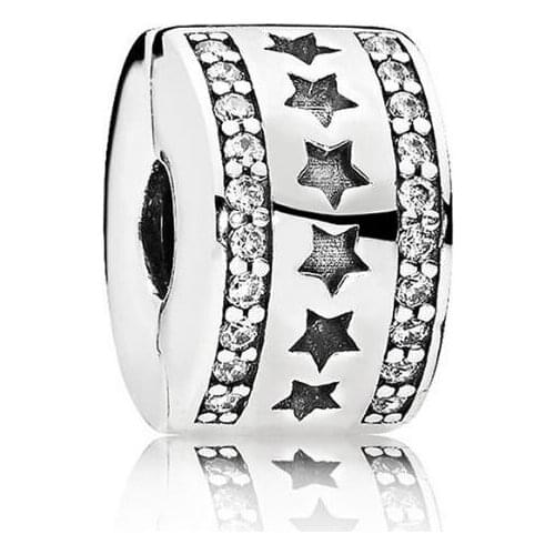 Genuine 925 Sterling Silver Charm Starry Formation With Crystal Clip Lock Stopper Beads Fit Pan Bracelet & Necklace Jewelry