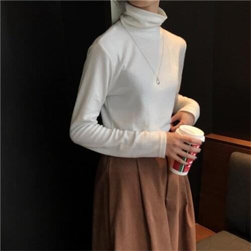 Casual Slim Slimming Solid Color High Collar T-shirt Womens Tshirts Tunic Kawaii Girl Vintage Female Ulzzang Harajuku Tunic For