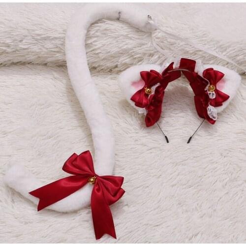 Lace Maid hair band Lace Headband Bowknot Cat Fox Tail Ear Set Bell Headwear Anime cosplay costume Japanese hair accessories