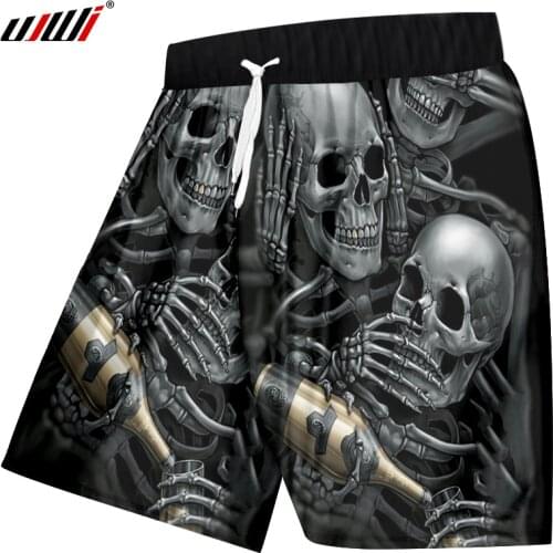 UJWI Summer Casual Shorts Men Cool Print Skeleton Skull Champagne 3d Boardshorts Man Hip Hop Quick Dry Polyester Beach Shorts