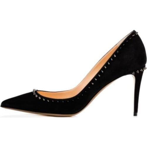 2021 High Heel flock Stiletto shoes Women Pointed Party Wedding Shoe Plus Size Heels 11cm Black Color Pumps 52
