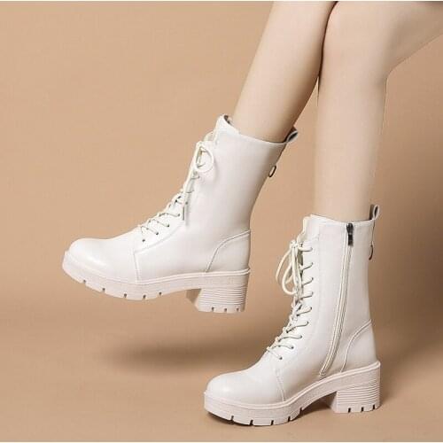 Womens Ankle Boots Lace Up Zip Black Mid Heel Ladies Short Boots Thick Bottom Non-slip Round Toe Fashion Female Shoes Winter