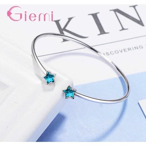 Simple Design Two Cute Blue Star 925 Sterling Silver Open Bracelet For Women Valentines Day Jewelry Gift of Love