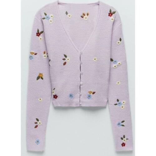 XNWMNZ za women knit cardigan with floral embroidery trf Cardigan knit blend V-neck long sleeves front pockets Button-up Female