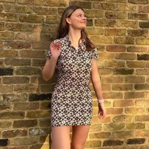 Sexy Vintage Floral Print Y2K Short Sleeve Dress Spring Summer 2021 Women Fashion Turn Down Collar Bodycon Mini Dresses