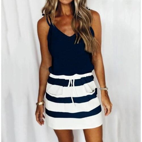 Striped Patchwork Print Dresses For Women 2021 Sleeveless V-neck Spaghetti Strap Drawstring Boho Dress Open Back Sexy Dresses