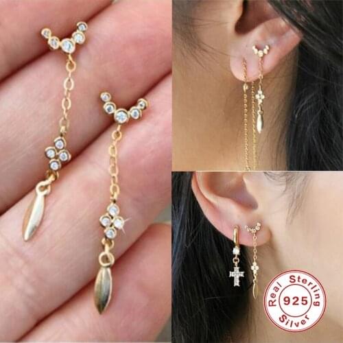 GS 925 Sterling Silver Drop Earrings for Women Long Chain Cubic Zirconia Rhinestone Dangle Earrings Wedding Fine Jewelry Gift