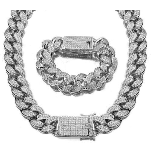19MM Men Cuban Miami Link Chain Necklace Bracelet Dragon Double Safety Clasps Lock Hip hop Men full CZ Chain Jewelry Sets