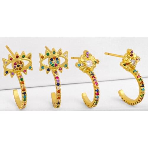 EYIKA Bohemia Rainbow Semicircle Stud Earring Full Mix Color Zircon Серьги New Design 18K Gold Color Women Jewelry for Party