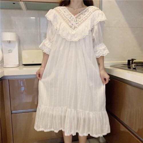 Girls Lolita Cotton Nightgowns Long Sleeping Dress Sleepwear Vintage Ruffles Palace Style Nightdress Lace Sexy Elegant Nighty
