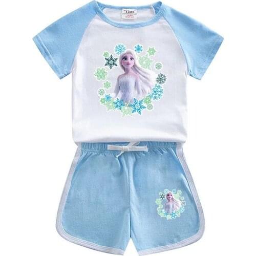 Disney Frozen Elsa Anna Girls Clothes Set Summer Kids T-shirt + Pants 2Pcs Casual Sport Suits Children’s Clothes Outfits
