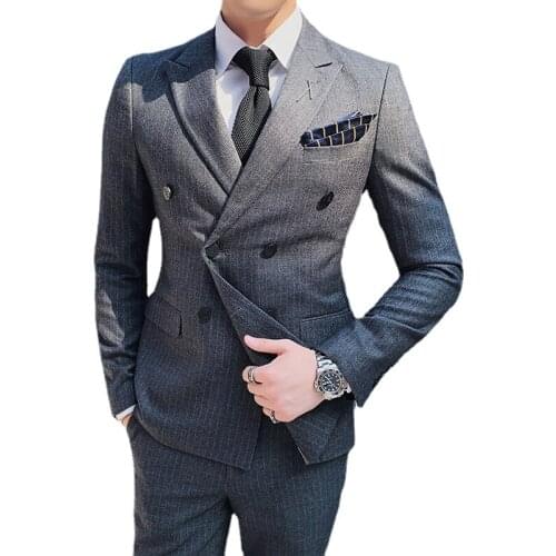 7XL ( Blazer + Vest + Pants ) High-end Brand Striped Business Mens Double-breasted Suit Groom Banquet Performance Dress Stage