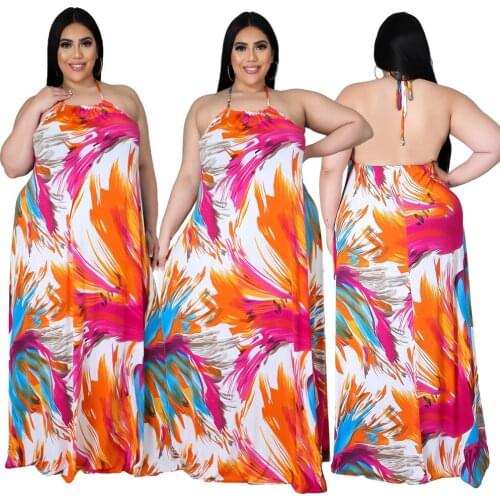L-3xl plus size women clothing summer dress elegant sexy tie dye sling backless elasticity maxi dresses Wholesale Dropshipping