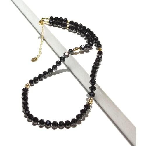 Lii Ji 4x6mm Black Spinel Natural Stone Sparkling Beaded Necklace American 14K Gold Filled Necklace 40+5cm Two Style Can Choose