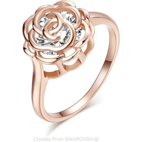 DANS ELEMENT Brand Crystal Gold Color Rose Flower Hollow Wedding Design Ring Copper Party Anti-Allergy RG97606