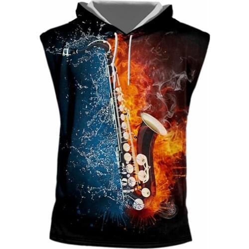 UJWI Mens New Cool Dropshipping Hooded Tank Top 3D Printed Creative Saxophone Stitching Vortex Clothing Man Spandex