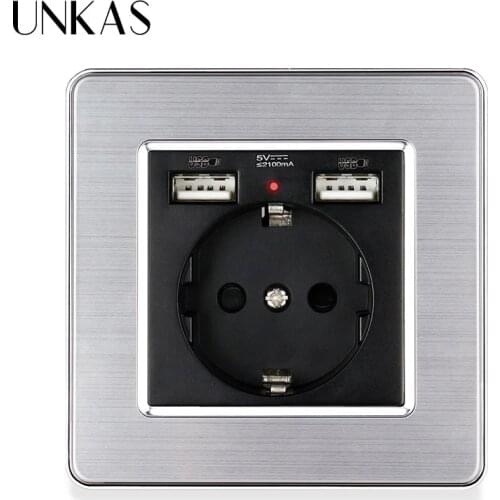 UNKAS Stainless Steel Panel Russia Spain EU Standard 16A Wall Socket Dual USB Charge Port Black White Grey Electrical Outlet