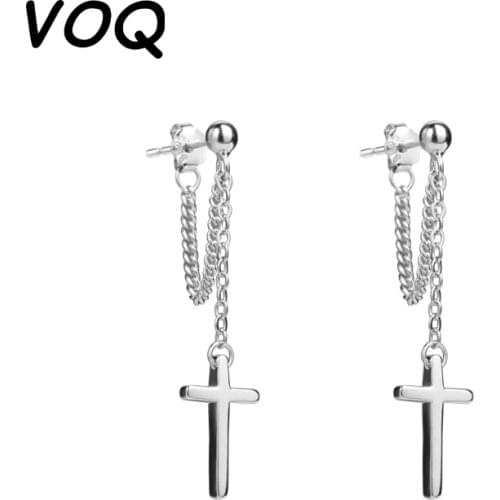 VOQ 925 Sterling Silver Womens Mens Cross Pendant Earrings Personality Punk Gothic Chain Earrings Pendant Gift Jewelry