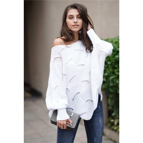 H80&S90 New Hot Style Sweater Women Sexy Sleeve O-Neck Hollow Out Loose Pullover Ladies' Knit Solid Tops Clothes