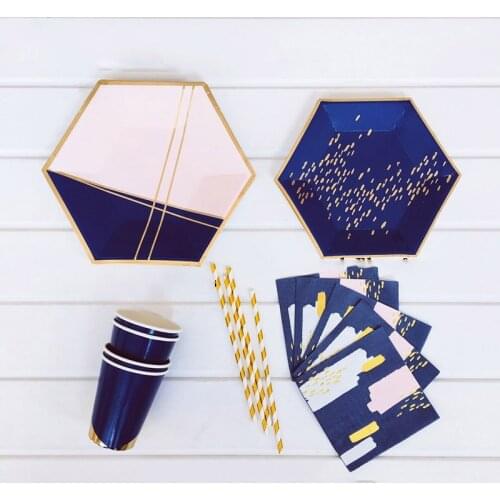 Disposable Tableware Party Blue Gold Foil Party Decor Paper Straw Cups Plates Wedding Birthday Supplies Baby Shower Festive Deco