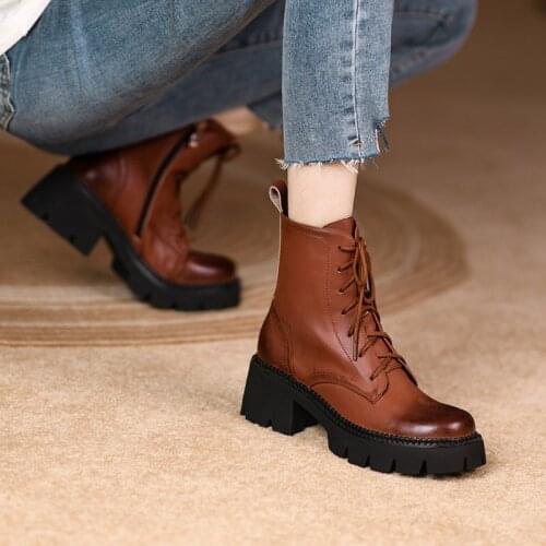 GUIDIBASIC 2021 Autumn New Martin Boots Genuine Leather Round Toe Platform Shoes Thick Heel Cylinder Shoes