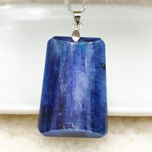 Natural Blue Kyanite Cat Eye Pendant Rectangle Crystal Women Men 38x26x7mm Rare Gemstone Kyanite Necklace Rare Jewelry AAAA