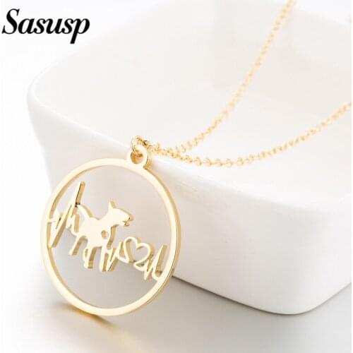 Fashion Fine Heart Bull Terrier Dog Pendant Stainless Steel Round Animal Jewelry Simple Sweater Chain Lovers Gift for Women Men