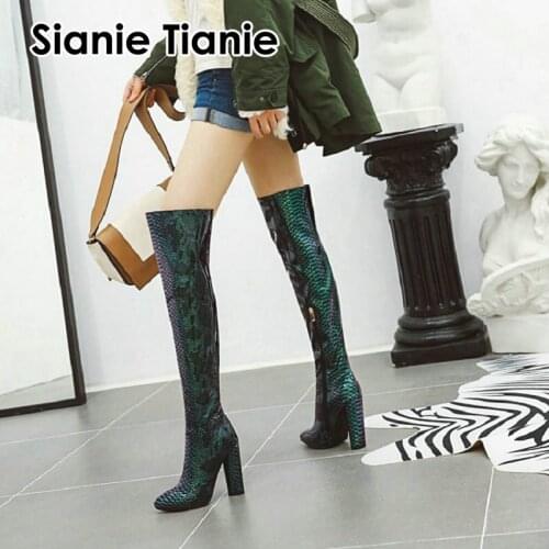 Snake Skin Print Runway Patent PU Leather Sexy Women Over-the-Knee Crotch Long Boot Block High Heels Thigh High Boots Overknees