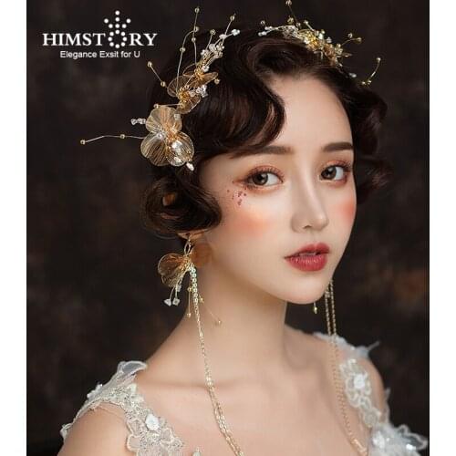 HIMSTORY Gorgeous Gold Rhinestone Wedding Barrettes Soft Bridal Hairbands Wedding Hair Accessory Prom Headdress