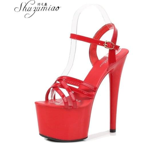 Women Summer Pu Leather 16.5cm Ultra High Heel Sandals Sexy Open Toe Stripper Shoes Big Size 34-43 Party Gladiator Pumps Shoes