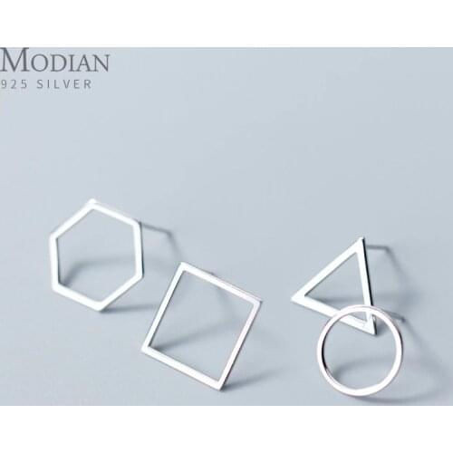 Modian Exquisite Minimalism Trendy Square Triangle Stud Earrings for Women Luxury Charm 925 Sterling Silver Round Jewelry