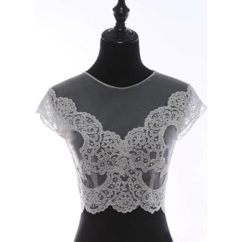 Sheer Neck Wedding Bolero Cap Sleeve Bridal Jacket Appliques Lace Jacket Buttons Back Bridal Coat