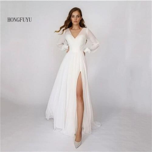 HONGFUYU Wedding Dresses Long Sleeve V Neck A Line Bridal Dress Backless Boho Wedding Gowns Vestido de Noiva