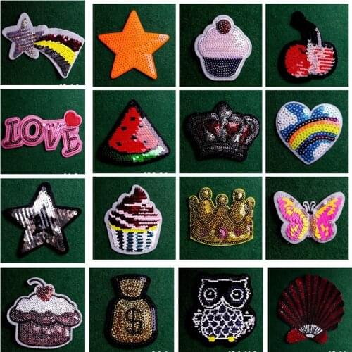 2PCS Cake Crown Sequin Patches Iron On Patches For Clothes Applique DIY Cartoon Heart Love Sequin Badges Stripes On Kids Jacket