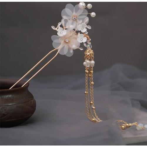 FORSEVEN Retro Traditional Flowers Crystal Simulated Pearls Long Tassel Hairpins Hair Stick Clips Chinese Bride Hair Accessories