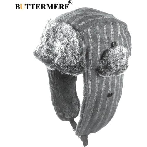 BUTTERMERE Russian Winter Hats Men Striped Fur Bomber Hat Gray HunterS Hats Ushanka With Ear Flaps Snow Warm Women Russian Cap