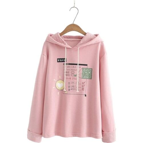Women Hoodies Sweatshirts Sweet Loose Preppy Style Math Print Long Sleeve Hooded Sweatshirt Girl Harajuku Pink Pullovers