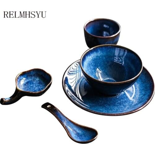 1PC RELMHSYU Japanese Style Deep Blue Ceramic 4.5Inch Rice Bowl Round Plate Water Cup Hotel Restaurant Set Tableware Supplie