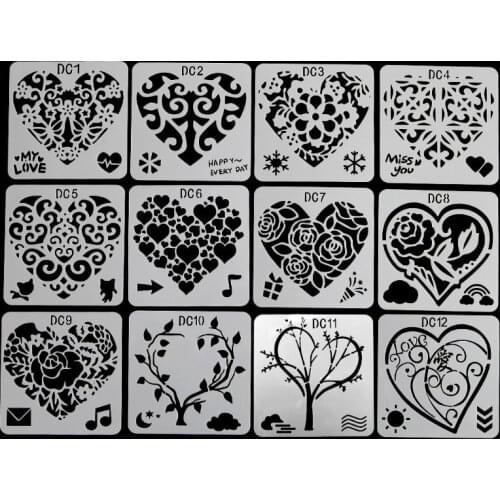12Pcs 12Pcs Flower Heart Drawing Molds Plastic Children Painting Stencils DIY Paper Art Craft Card Label Scrapbook Bookmark Toy