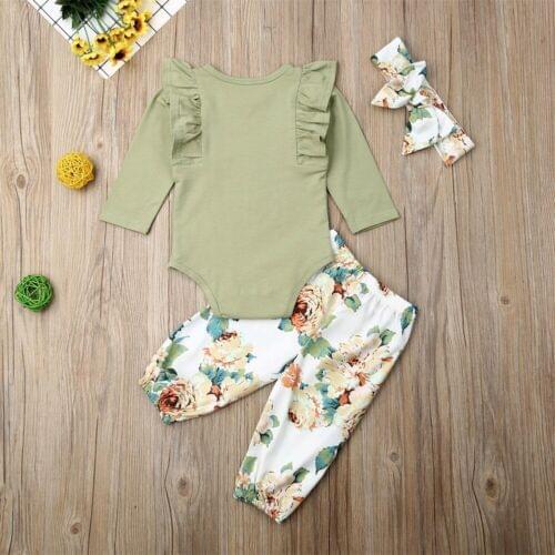 2020 Newborn Kids Baby Boy Girl Floral Clothes Pure Color Tops Romper +Long Print Pants 3pcs Green Outfits Cotton ropa de bebe