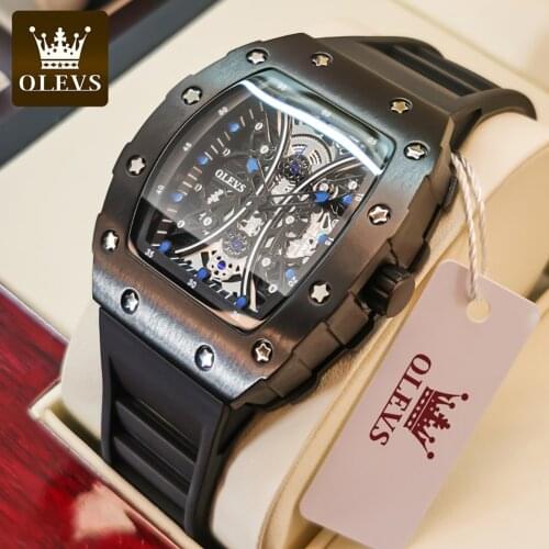 OLEVS Mens Sports Watches Top Brand Luxury Rubber Strap Square Skeleton Watch Casual Original Quartz Watch Men Waterproof Clock