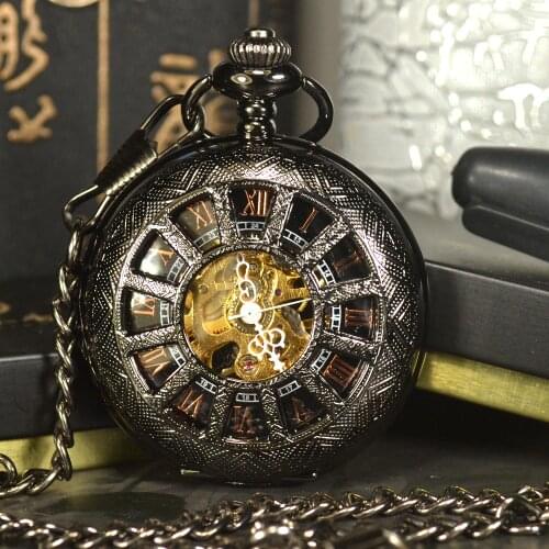 TIEDAN Black Steampunk Skeleton Mechanical Pocket Watch Men Antique Luxury Brand Necklace Pocket & Fob Watches Chain Male Clock
