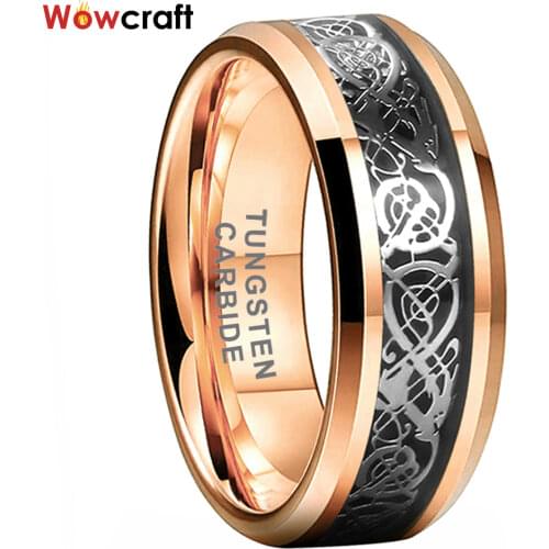 8mm Rose Gold Mens Tungsten Carbide Ring Dragon Inlay with Black Carbon Fiber Based Comfort Fit Beveled Edges Engagement Rings