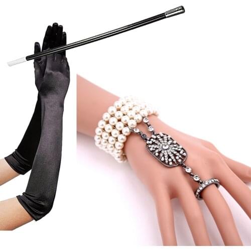1920s Accessories Set Long Black Gloves Pearl Bracelet Cigarette Holder Flapper Costumes Fancy Dress Hen Party Accessory
